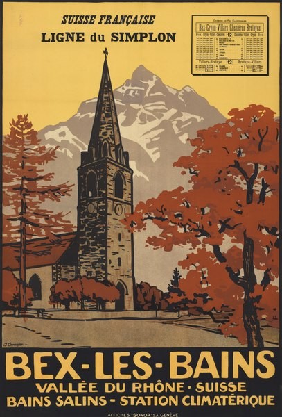 French poster. A cathedral sits between two red trees over a mountain backdrop.